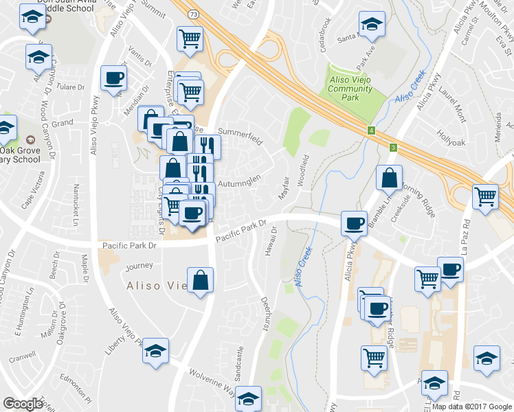 map of restaurants, bars, coffee shops, grocery stores, and more near 76 Meadowbrook in Aliso Viejo
