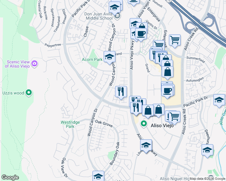 map of restaurants, bars, coffee shops, grocery stores, and more near 71 Plateau in Aliso Viejo