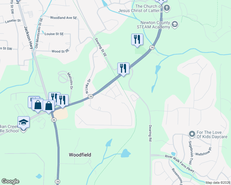 map of restaurants, bars, coffee shops, grocery stores, and more near 65 Brookline Parkway Southeast in Covington