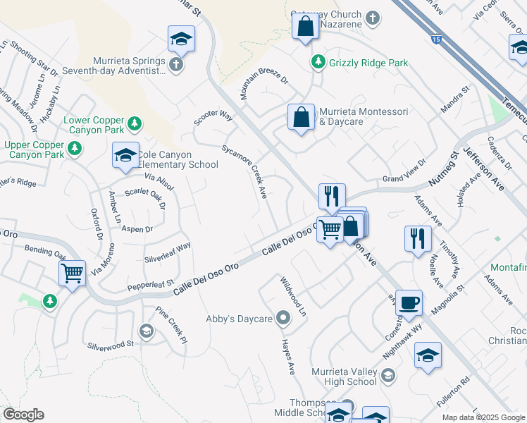 map of restaurants, bars, coffee shops, grocery stores, and more near 23633 Sycamore Creek Avenue in Murrieta
