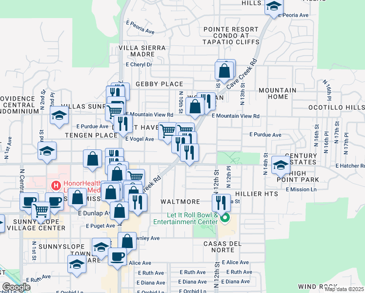 map of restaurants, bars, coffee shops, grocery stores, and more near 9605 North Cave Creek Road in Phoenix
