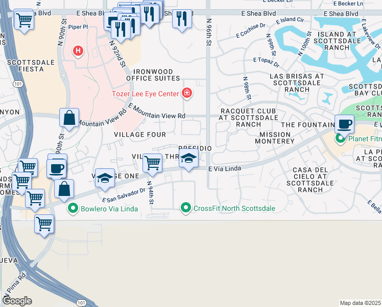 map of restaurants, bars, coffee shops, grocery stores, and more near 9600 North 96th Street in Scottsdale