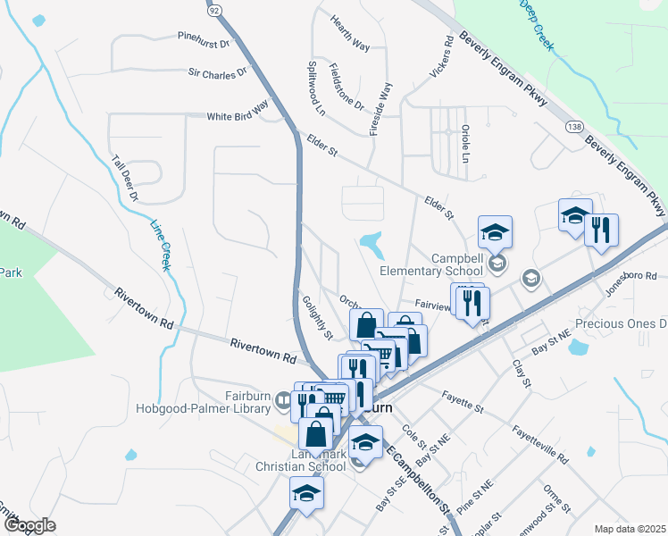 map of restaurants, bars, coffee shops, grocery stores, and more near 201 Margaret Street in Fairburn