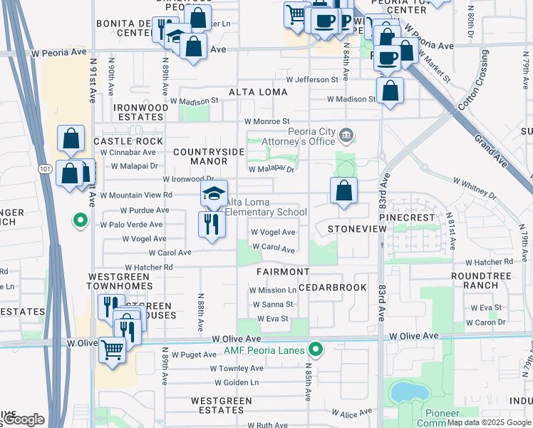 map of restaurants, bars, coffee shops, grocery stores, and more near 8609 West Purdue Avenue in Peoria