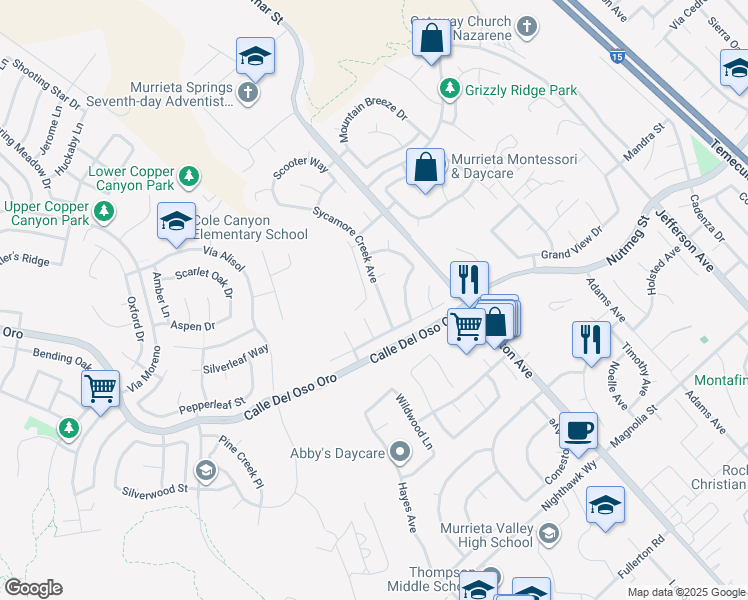map of restaurants, bars, coffee shops, grocery stores, and more near 23633 Sycamore Creek Avenue in Murrieta