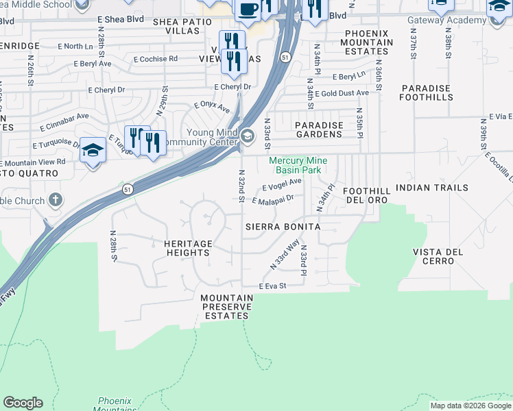 map of restaurants, bars, coffee shops, grocery stores, and more near in Phoenix