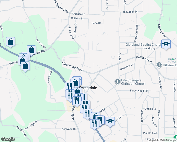 map of restaurants, bars, coffee shops, grocery stores, and more near 1658 Roberta Lane in Birmingham