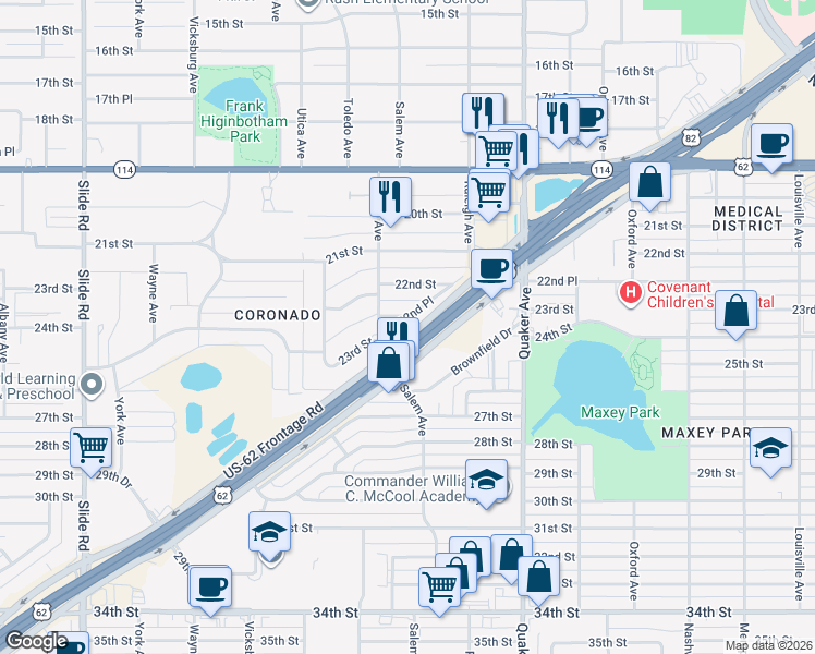 map of restaurants, bars, coffee shops, grocery stores, and more near 4501-4519 23rd Street in Lubbock