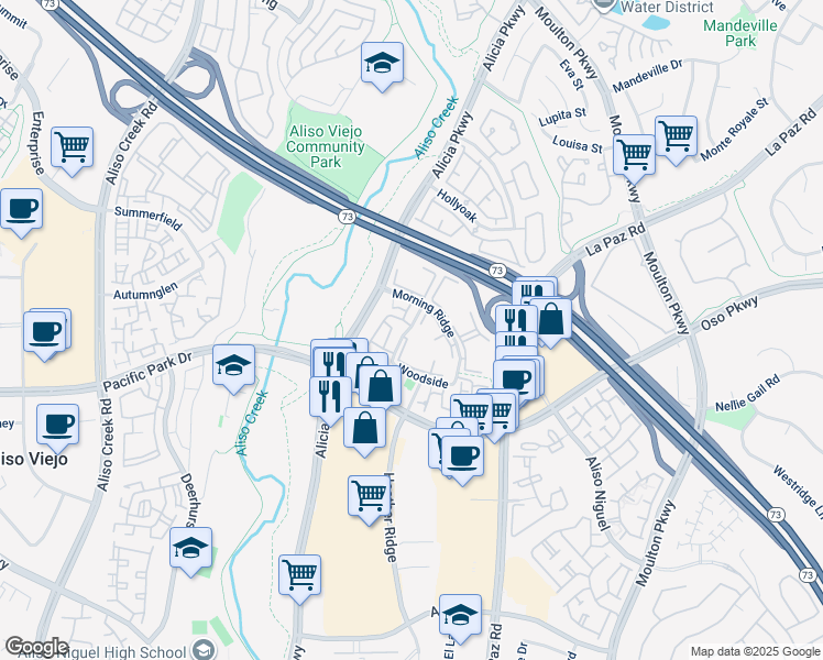 map of restaurants, bars, coffee shops, grocery stores, and more near 9 Briarwood Lane in Aliso Viejo