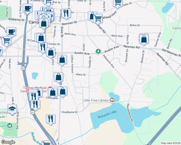 map of restaurants, bars, coffee shops, grocery stores, and more near 709 Fertilla Street in Carrollton