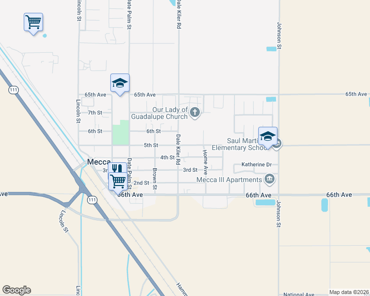 map of restaurants, bars, coffee shops, grocery stores, and more near 91565 5th Street in Mecca