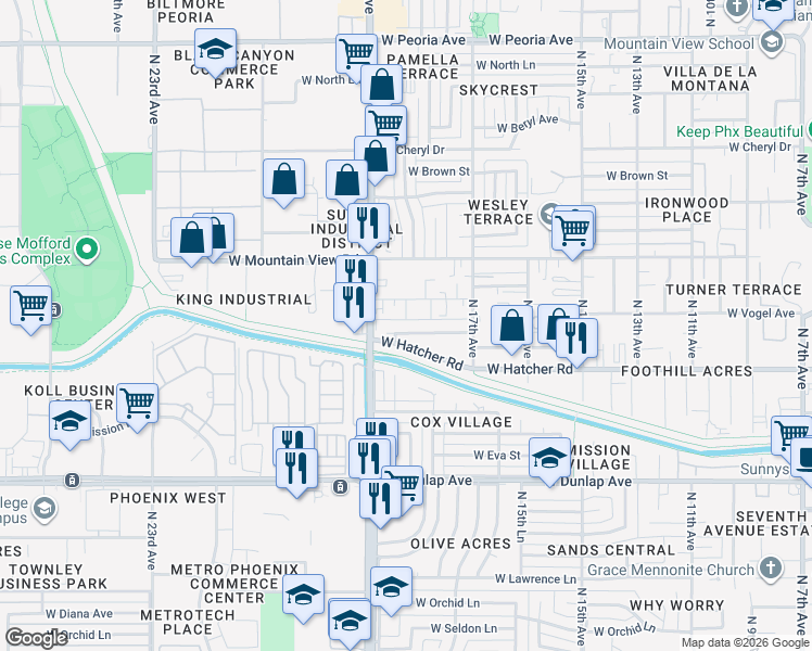 map of restaurants, bars, coffee shops, grocery stores, and more near 9451 North 18th Drive in Phoenix