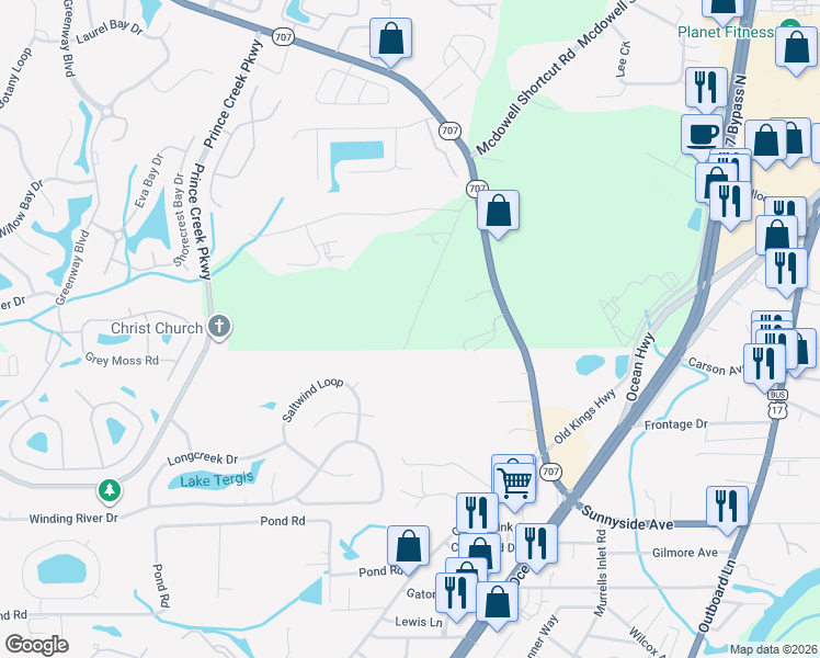 map of restaurants, bars, coffee shops, grocery stores, and more near 3059-11299 Betts Road in Murrells Inlet