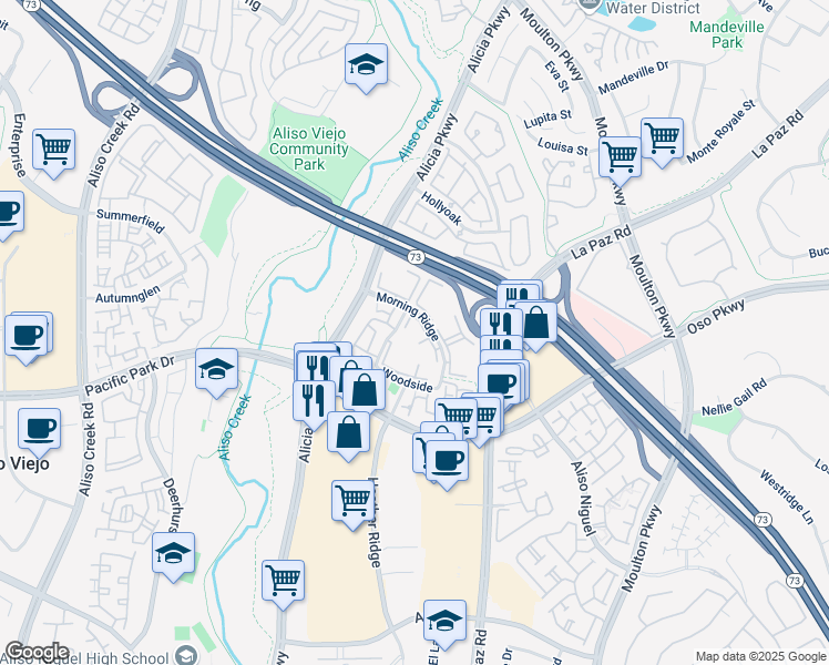 map of restaurants, bars, coffee shops, grocery stores, and more near 55 Creekside in Aliso Viejo