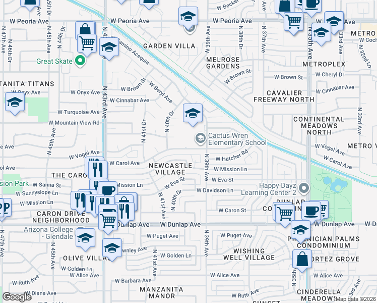 map of restaurants, bars, coffee shops, grocery stores, and more near 3939 West Carol Avenue in Phoenix