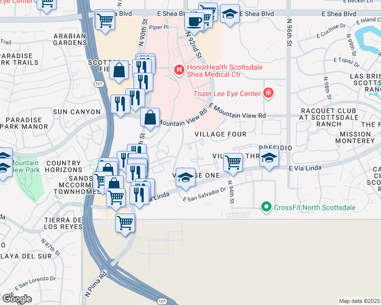 map of restaurants, bars, coffee shops, grocery stores, and more near 9115 East Purdue Avenue in Scottsdale