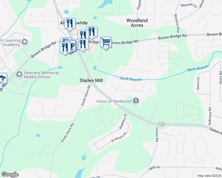 map of restaurants, bars, coffee shops, grocery stores, and more near 20 Buckeye Circle in Covington