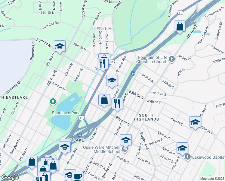map of restaurants, bars, coffee shops, grocery stores, and more near 8400 1st Avenue South in Birmingham