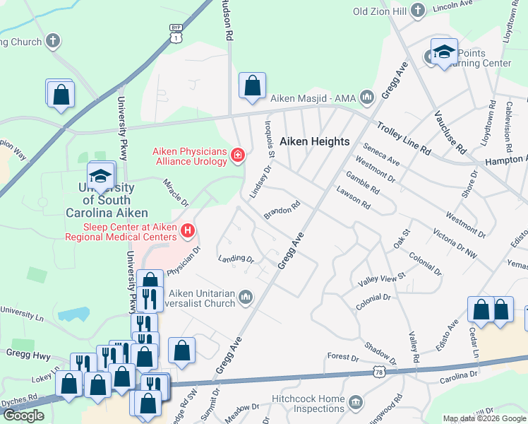 map of restaurants, bars, coffee shops, grocery stores, and more near 17 Hudson Road in Aiken