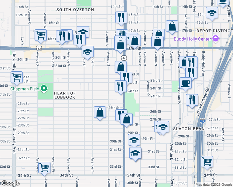 map of restaurants, bars, coffee shops, grocery stores, and more near 1709 24th Street in Lubbock