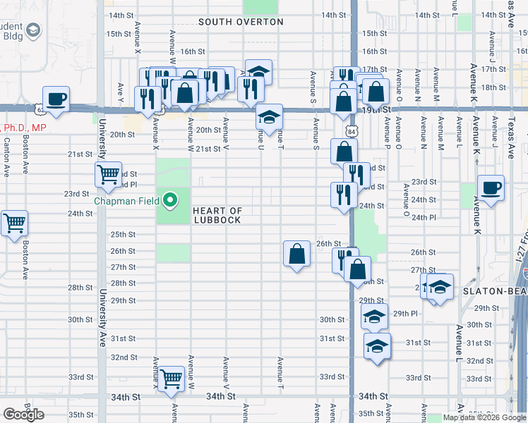 map of restaurants, bars, coffee shops, grocery stores, and more near 2010 24th Street in Lubbock