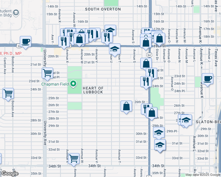 map of restaurants, bars, coffee shops, grocery stores, and more near 2010 24th Street in Lubbock