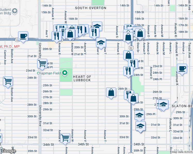 map of restaurants, bars, coffee shops, grocery stores, and more near 2010 24th Street in Lubbock