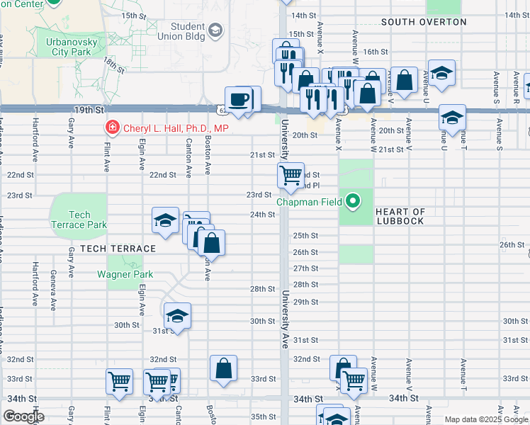 map of restaurants, bars, coffee shops, grocery stores, and more near 2506 24th Street in Lubbock