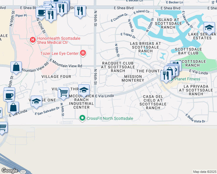 map of restaurants, bars, coffee shops, grocery stores, and more near 9707 East Mountain View Road in Scottsdale