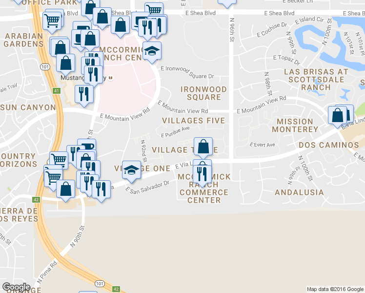 map of restaurants, bars, coffee shops, grocery stores, and more near 9550 North 94th Place in Scottsdale