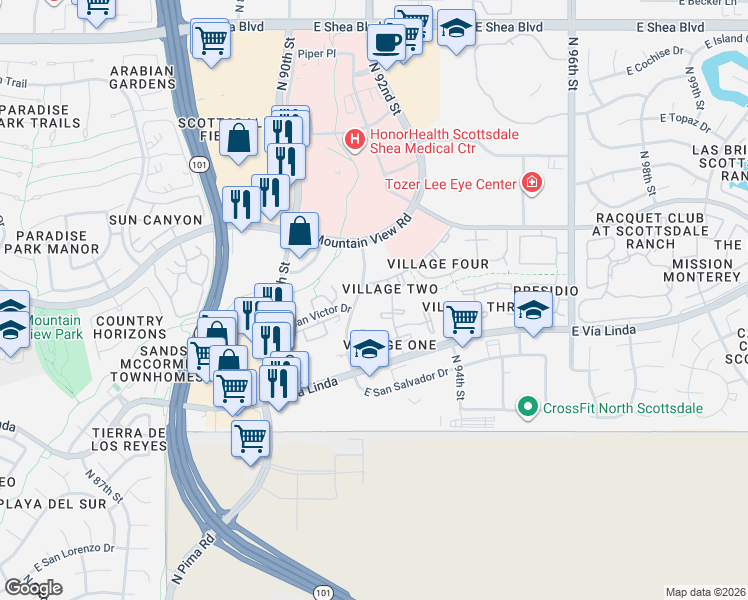 map of restaurants, bars, coffee shops, grocery stores, and more near 9115 East Purdue Avenue in Scottsdale