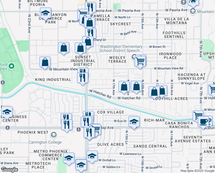 map of restaurants, bars, coffee shops, grocery stores, and more near 1722 West Carol Avenue in Phoenix