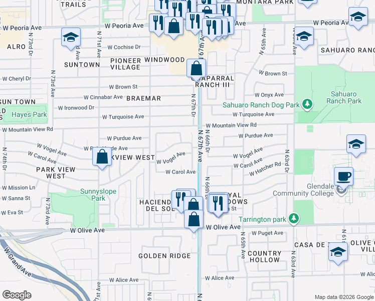 map of restaurants, bars, coffee shops, grocery stores, and more near 6733 West Palo Verde Avenue in Peoria