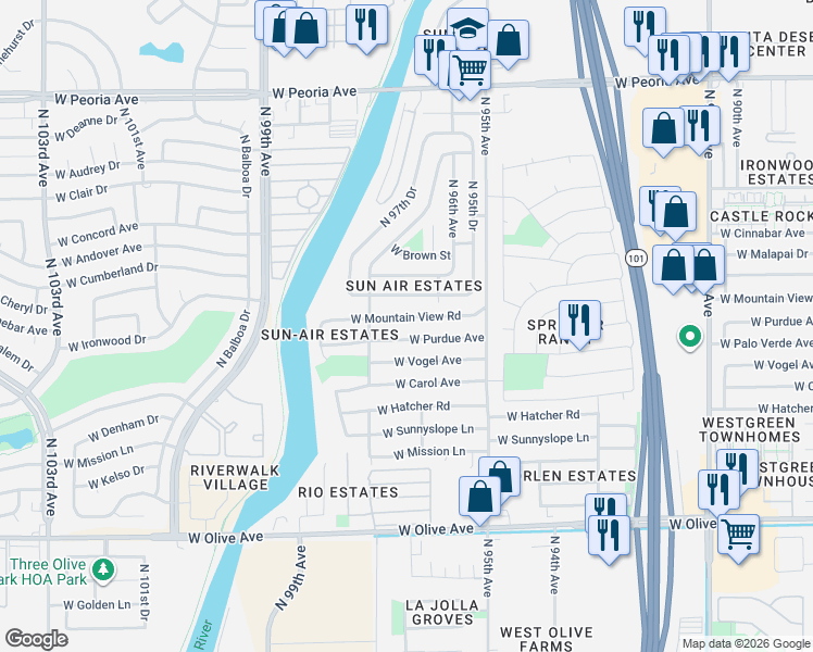 map of restaurants, bars, coffee shops, grocery stores, and more near 9656 West Mountain View Road in Peoria