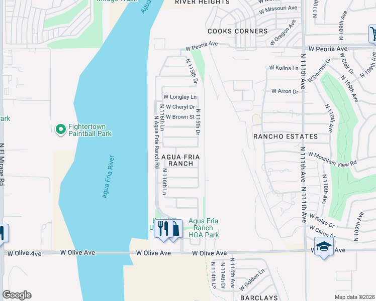 map of restaurants, bars, coffee shops, grocery stores, and more near 11548 West Purdue Avenue in Youngtown
