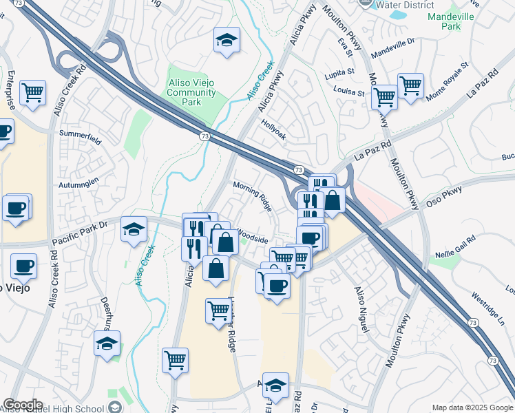 map of restaurants, bars, coffee shops, grocery stores, and more near 55 Creekside in Aliso Viejo