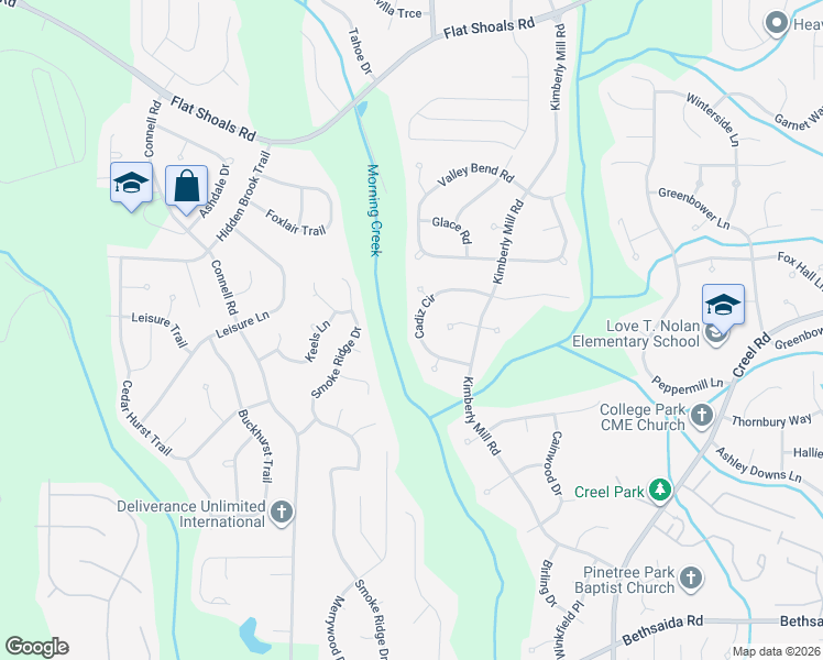 map of restaurants, bars, coffee shops, grocery stores, and more near 3175 Cadiz Circle in Atlanta