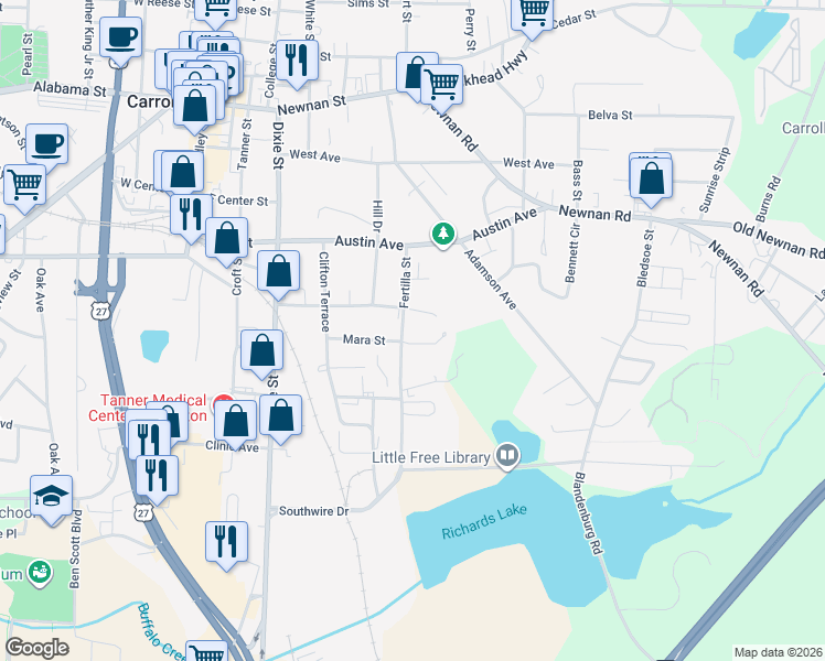 map of restaurants, bars, coffee shops, grocery stores, and more near 709 Fertilla Street in Carrollton