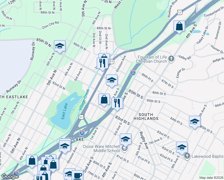 map of restaurants, bars, coffee shops, grocery stores, and more near 8400 Division Avenue in Birmingham