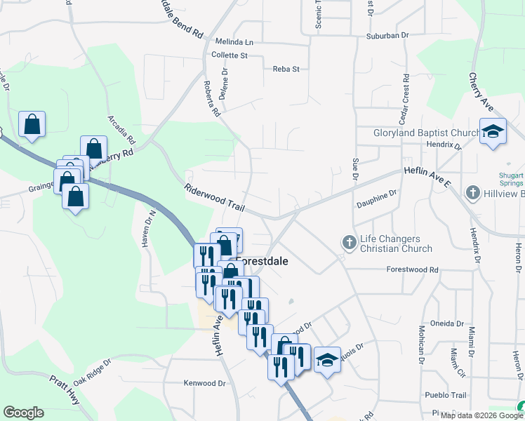 map of restaurants, bars, coffee shops, grocery stores, and more near 1658 Roberta Lane in Birmingham