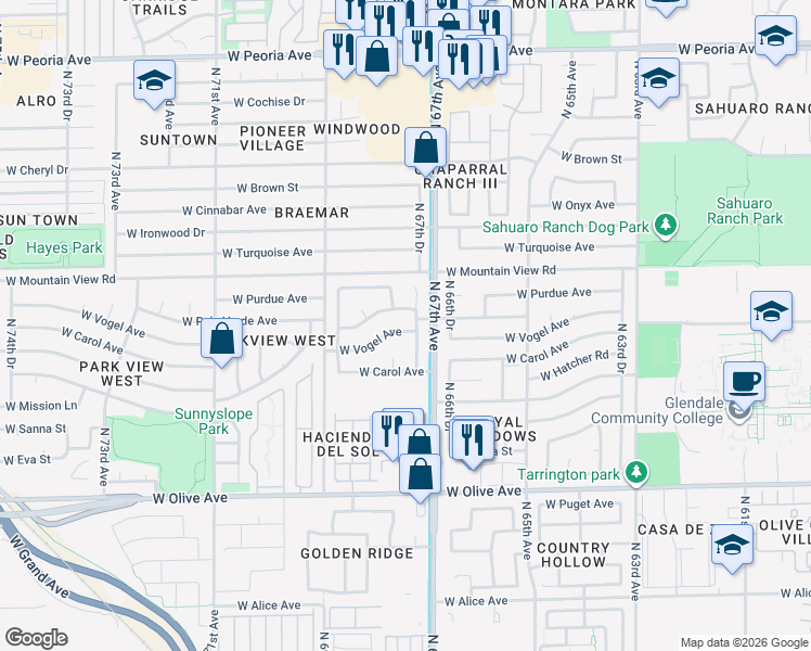 map of restaurants, bars, coffee shops, grocery stores, and more near 6733 West Palo Verde Avenue in Peoria