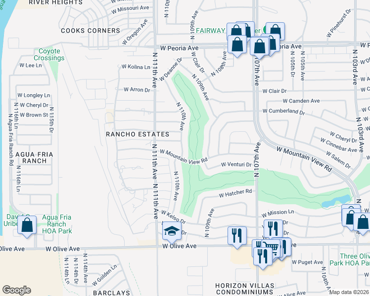 map of restaurants, bars, coffee shops, grocery stores, and more near 9827 North 110th Avenue in Sun City