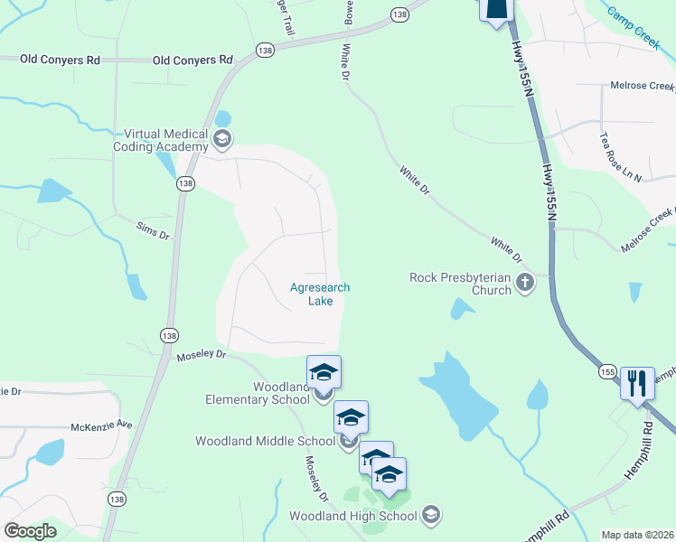 map of restaurants, bars, coffee shops, grocery stores, and more near 270 White Acres Drive in Stockbridge