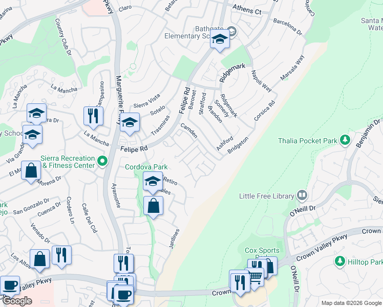 map of restaurants, bars, coffee shops, grocery stores, and more near 27426 Iris Avenue in Mission Viejo