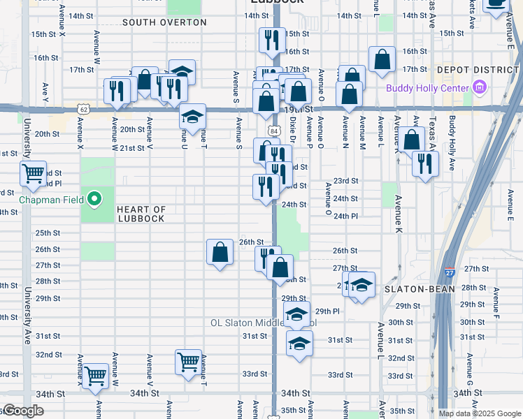 map of restaurants, bars, coffee shops, grocery stores, and more near 1709 24th Street in Lubbock