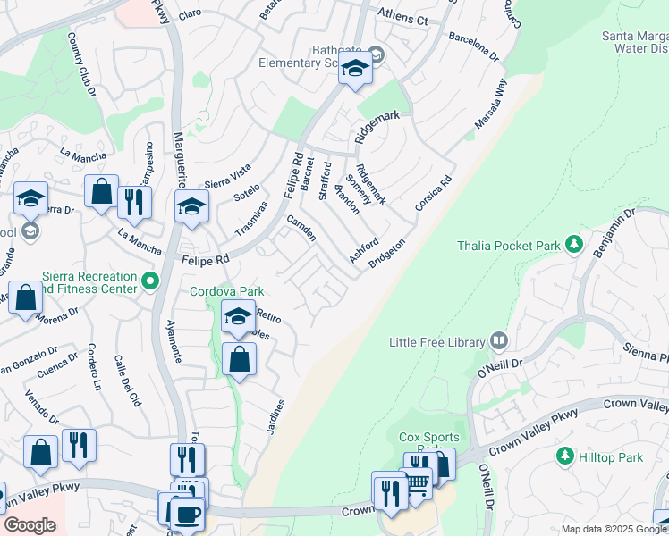 map of restaurants, bars, coffee shops, grocery stores, and more near 26840 Park Terrace Lane in Mission Viejo