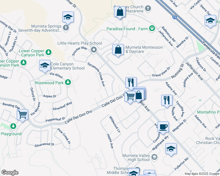 map of restaurants, bars, coffee shops, grocery stores, and more near 23673 Kathryn Street in Murrieta