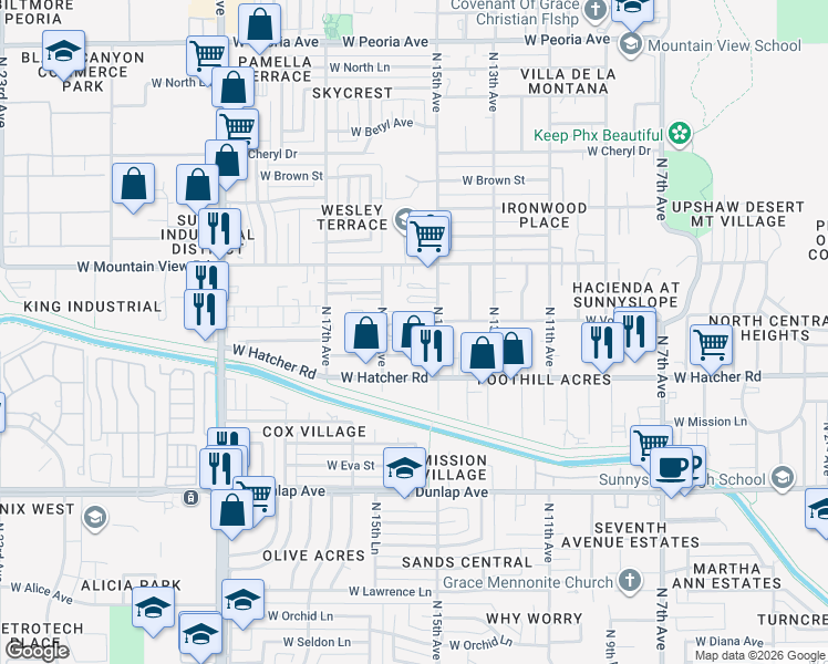 map of restaurants, bars, coffee shops, grocery stores, and more near 9502 North 15th Avenue in Phoenix