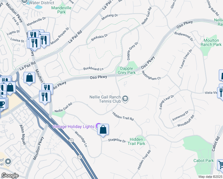 map of restaurants, bars, coffee shops, grocery stores, and more near 26871 Rocking Horse Lane in Laguna Hills