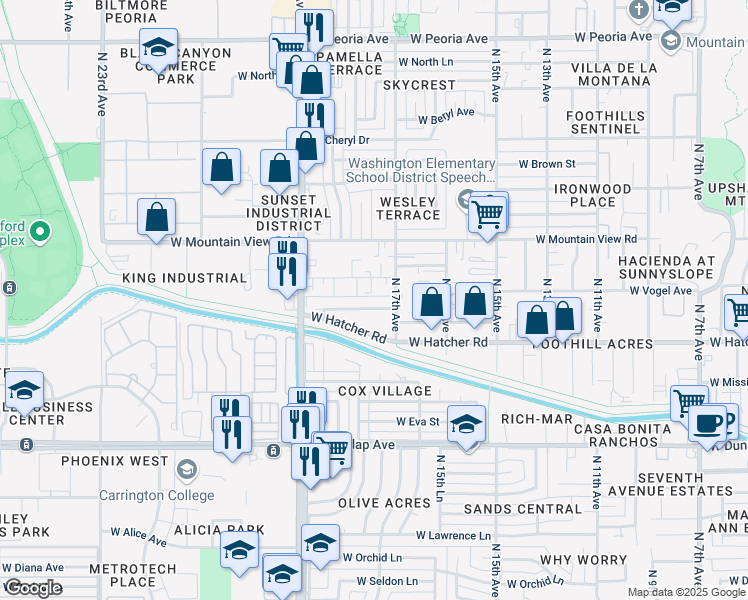 map of restaurants, bars, coffee shops, grocery stores, and more near 1722 West Carol Avenue in Phoenix